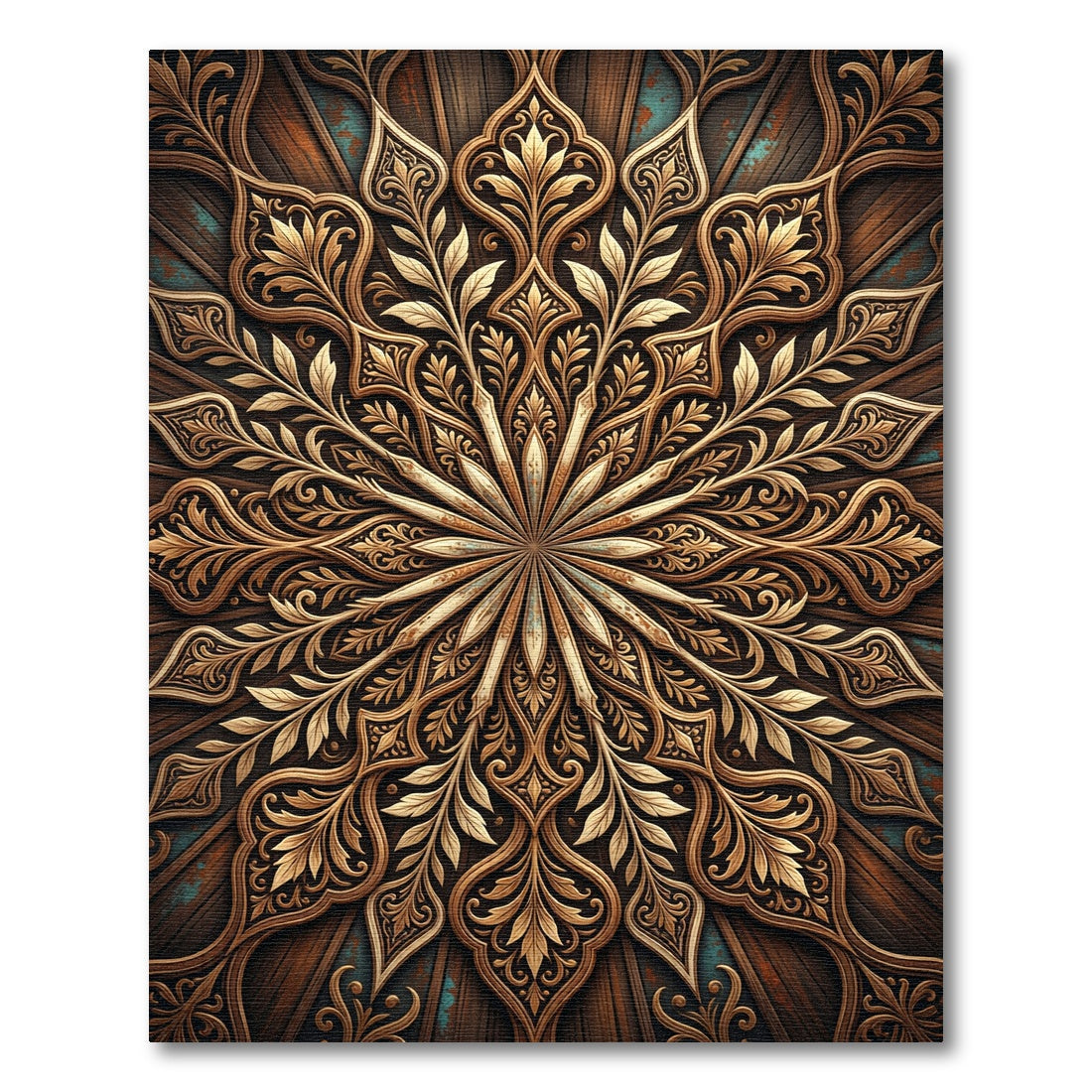 Ornate Golden Floral Radial Wood Texture Rug