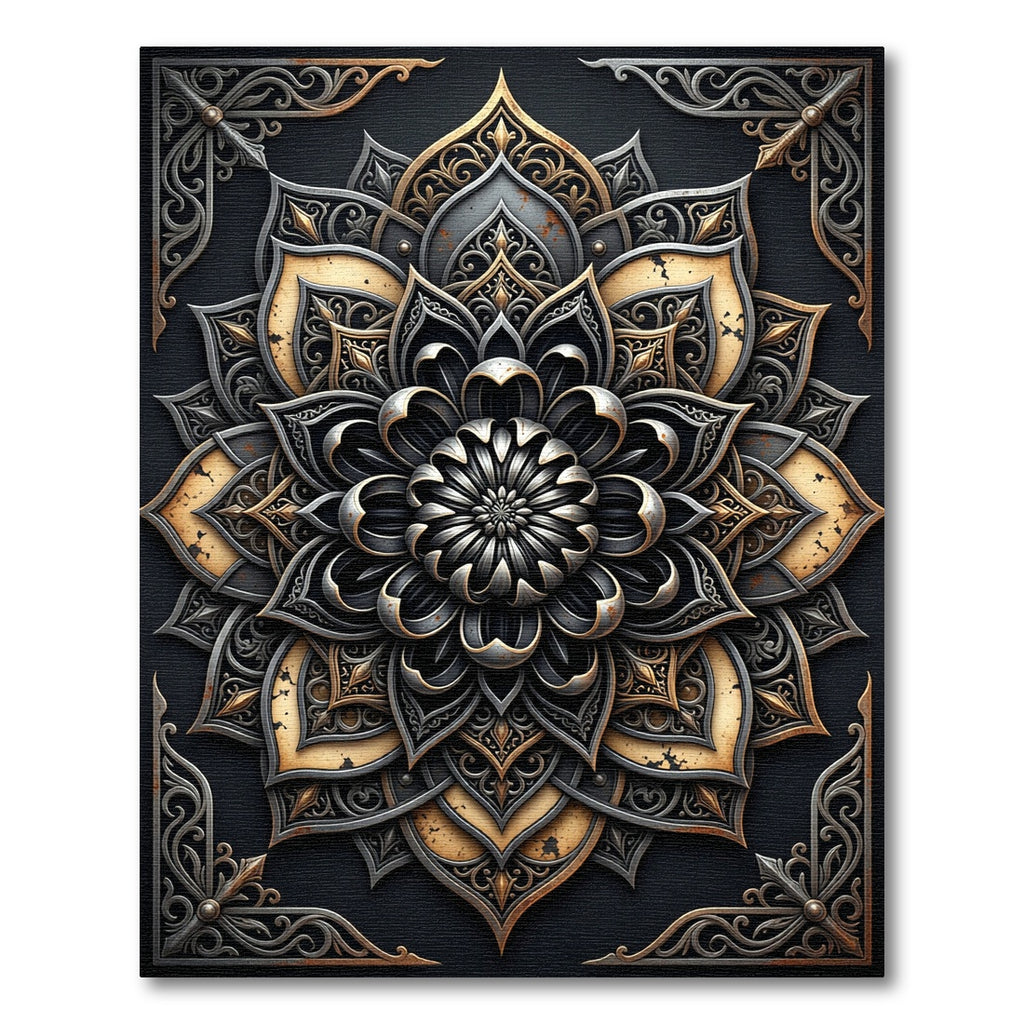 Metallic Gold and Charcoal Floral Medallion Rug