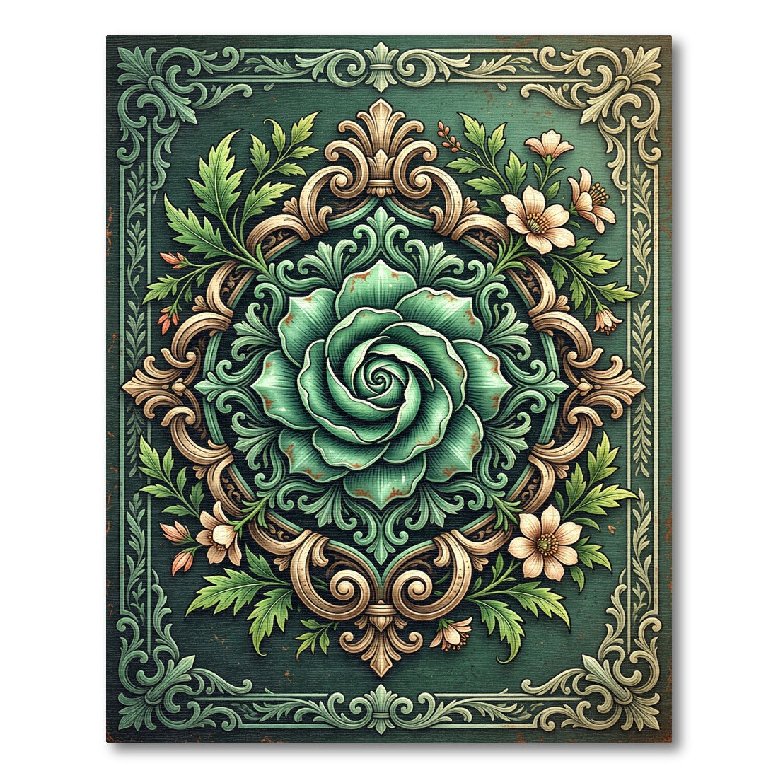 Emerald Green Floral Crest Rug