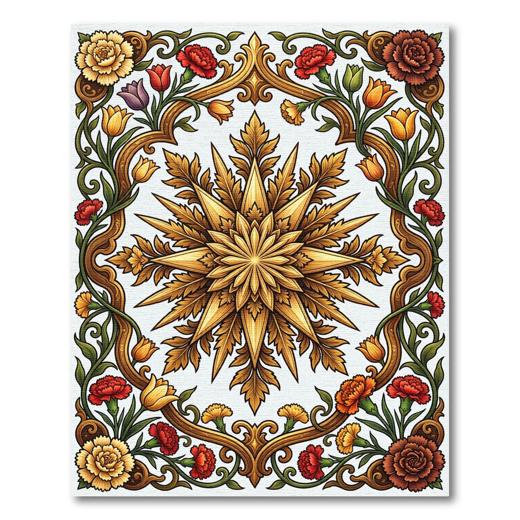 Golden Botanical Star and Floral Frame Rug