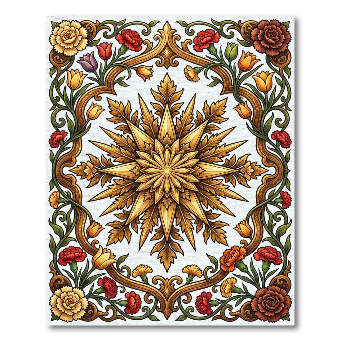 Golden Botanical Star and Floral Frame Rug