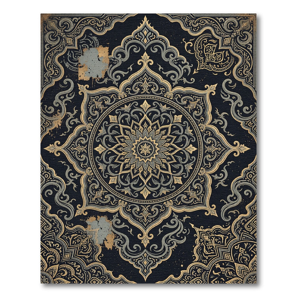 Intricate Golden Mandala Navy Ornate Tapestry Rug