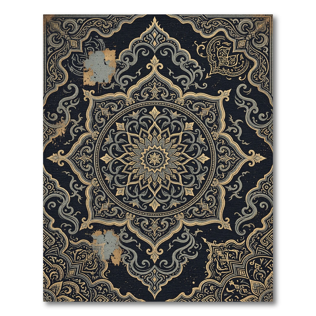 Intricate Golden Mandala Navy Ornate Tapestry Rug