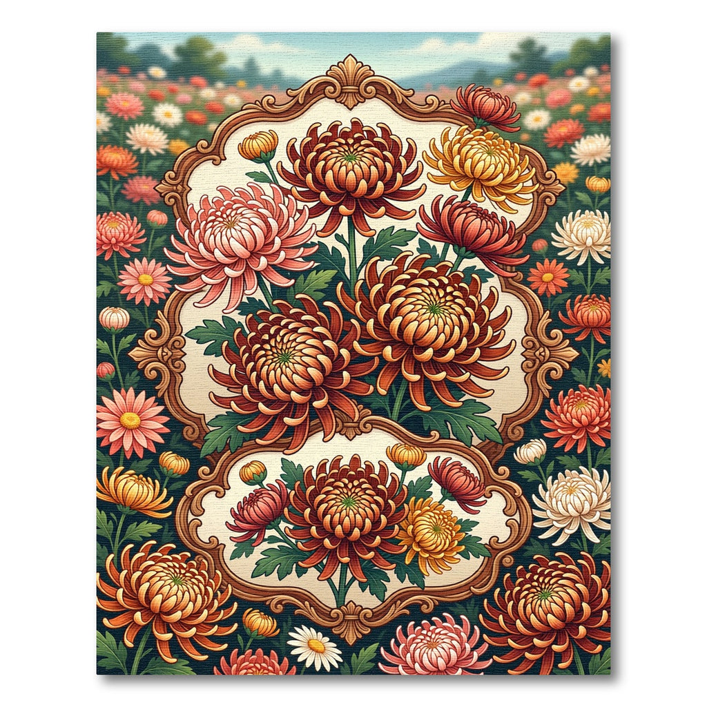 Golden Chrysanthemum Floral Baroque Frame Rug