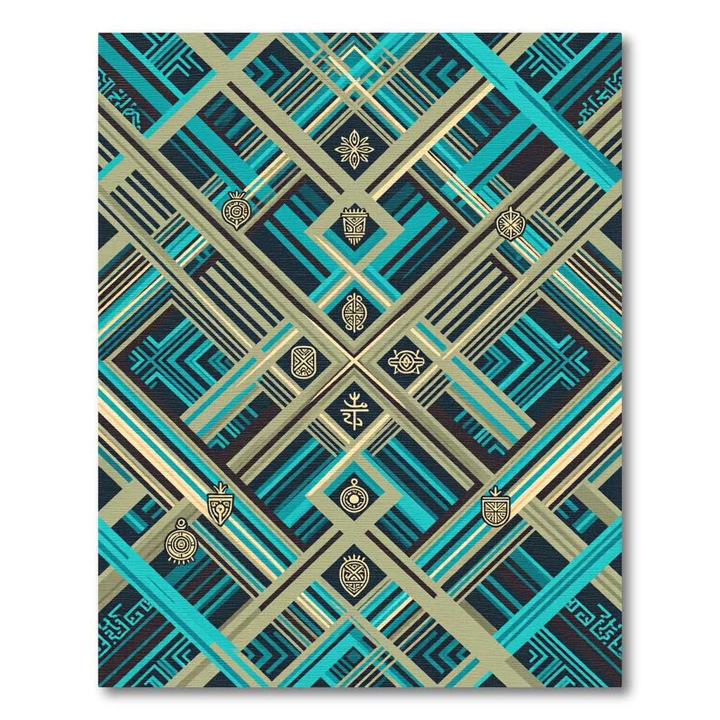 Geometric Teal and Gold Abstract Weave Rug