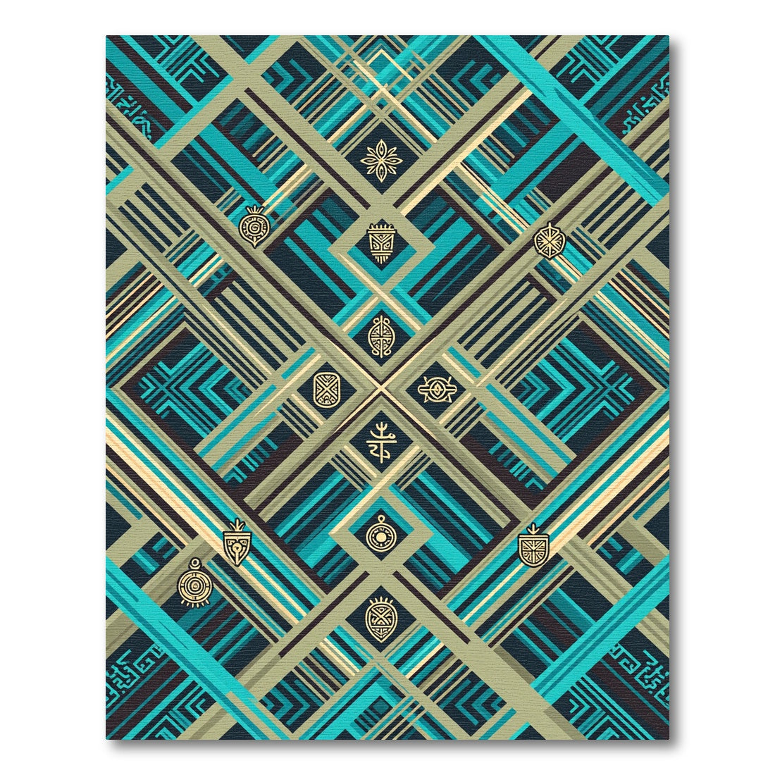 Geometric Teal and Gold Abstract Weave Rug