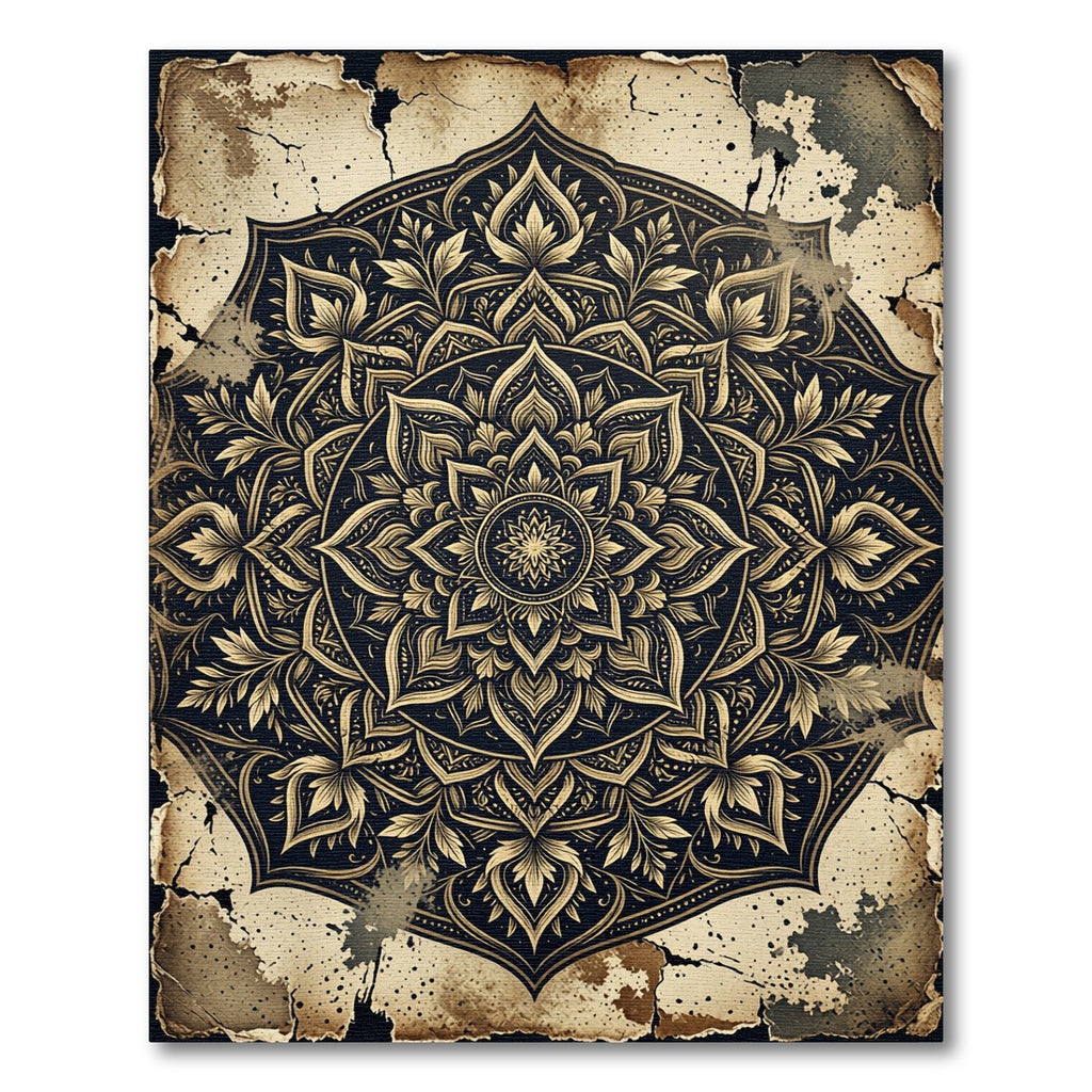 Vintage Golden Mandala Distressed Black Art Rug