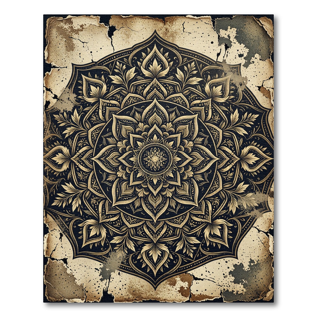 Vintage Golden Mandala Distressed Black Art Rug