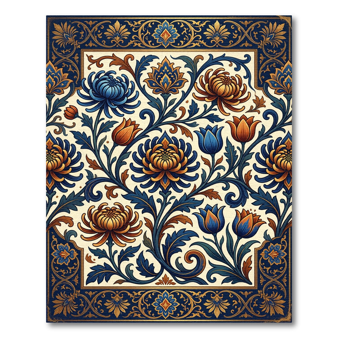 Midnight Blue Golden Floral Tapestry Rug