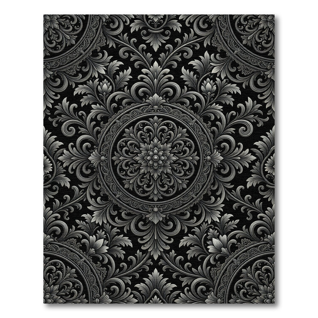 Ornate Silver Floral Damask Rug