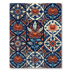 Ornate Navy and Orange Chrysanthemum Tile Rug