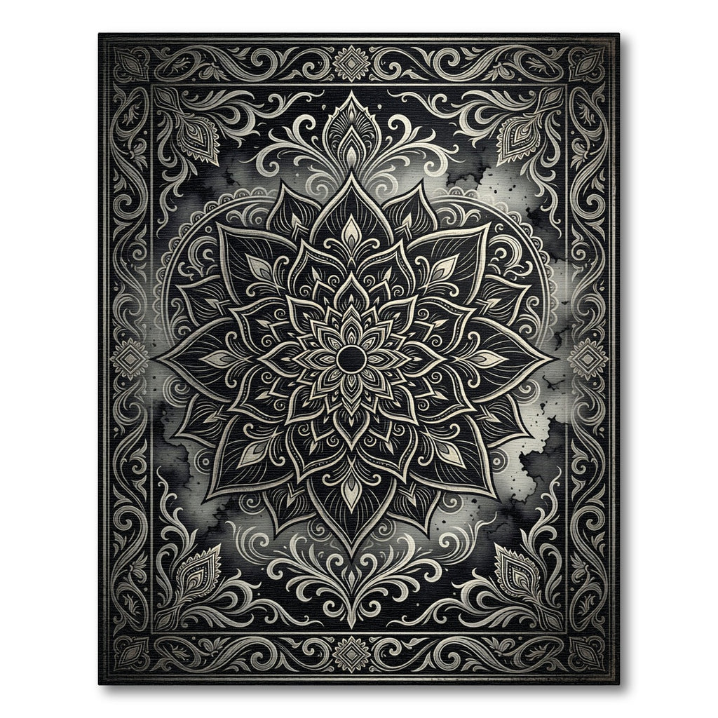 Ornate Charcoal Silver Lotus Medallion Rug