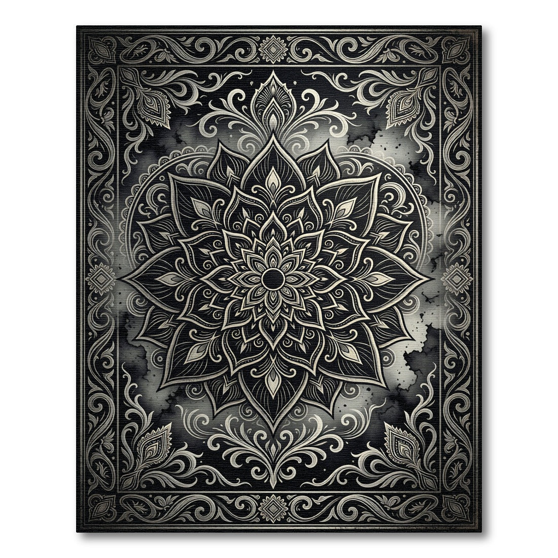 Ornate Charcoal Silver Lotus Medallion Rug
