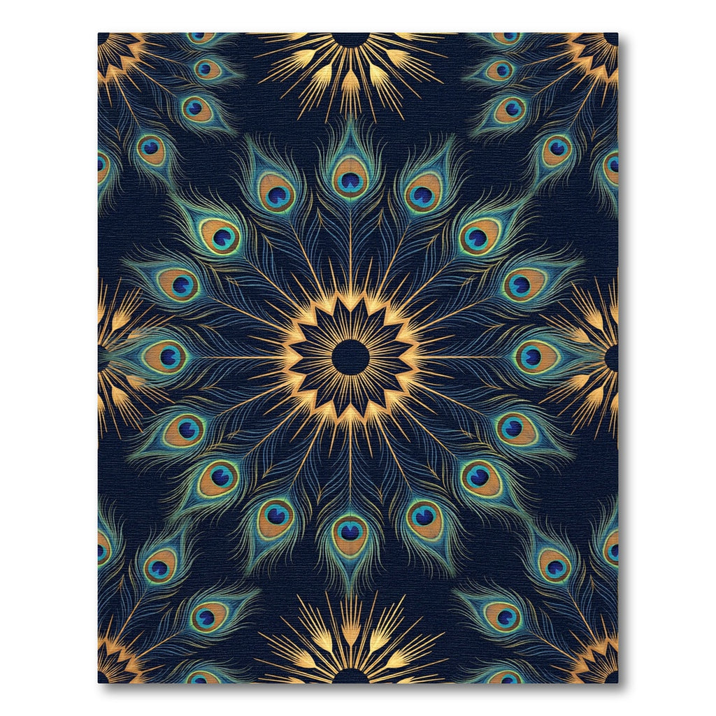 Elegant Peacock Feather Gold Mandala Rug