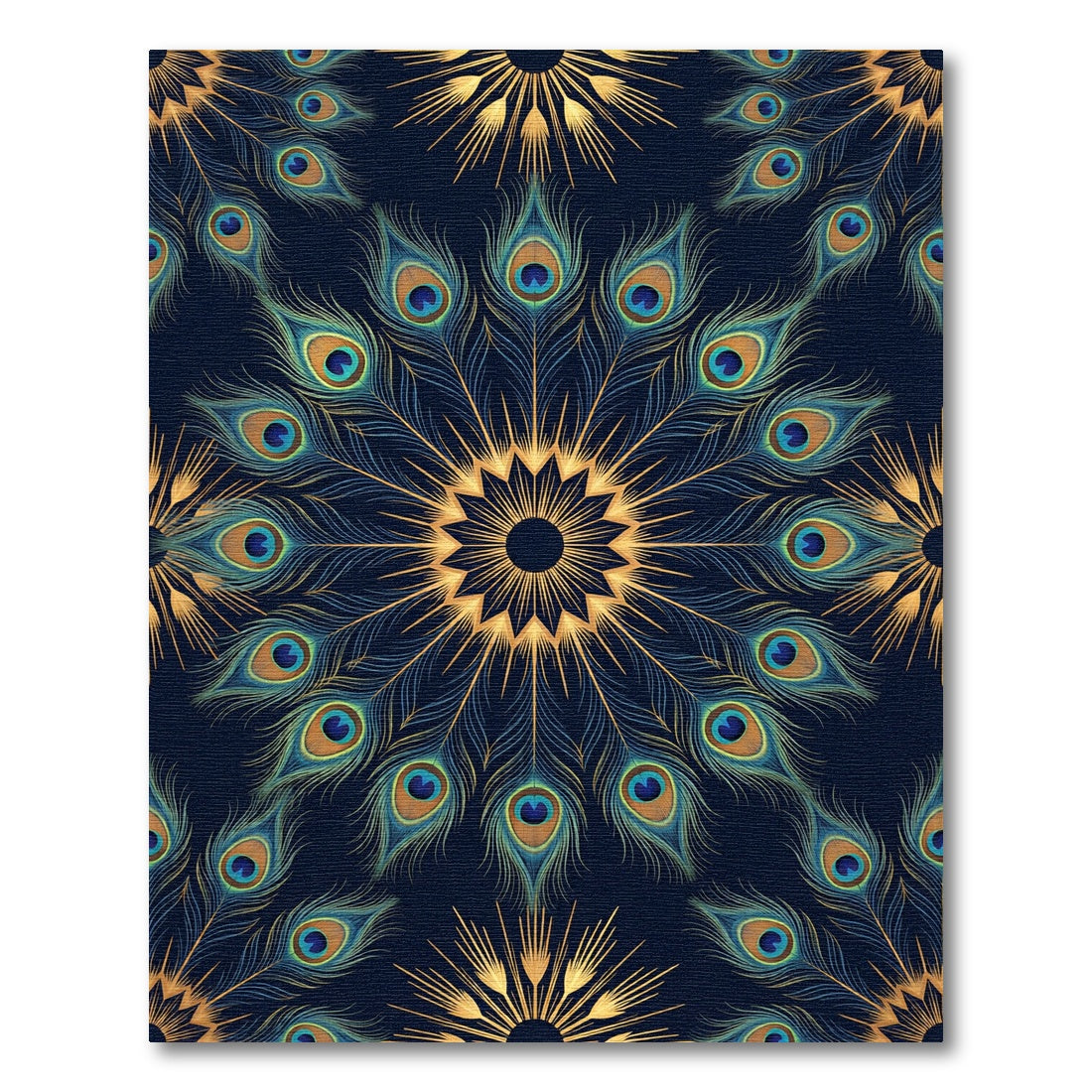 Elegant Peacock Feather Gold Mandala Rug