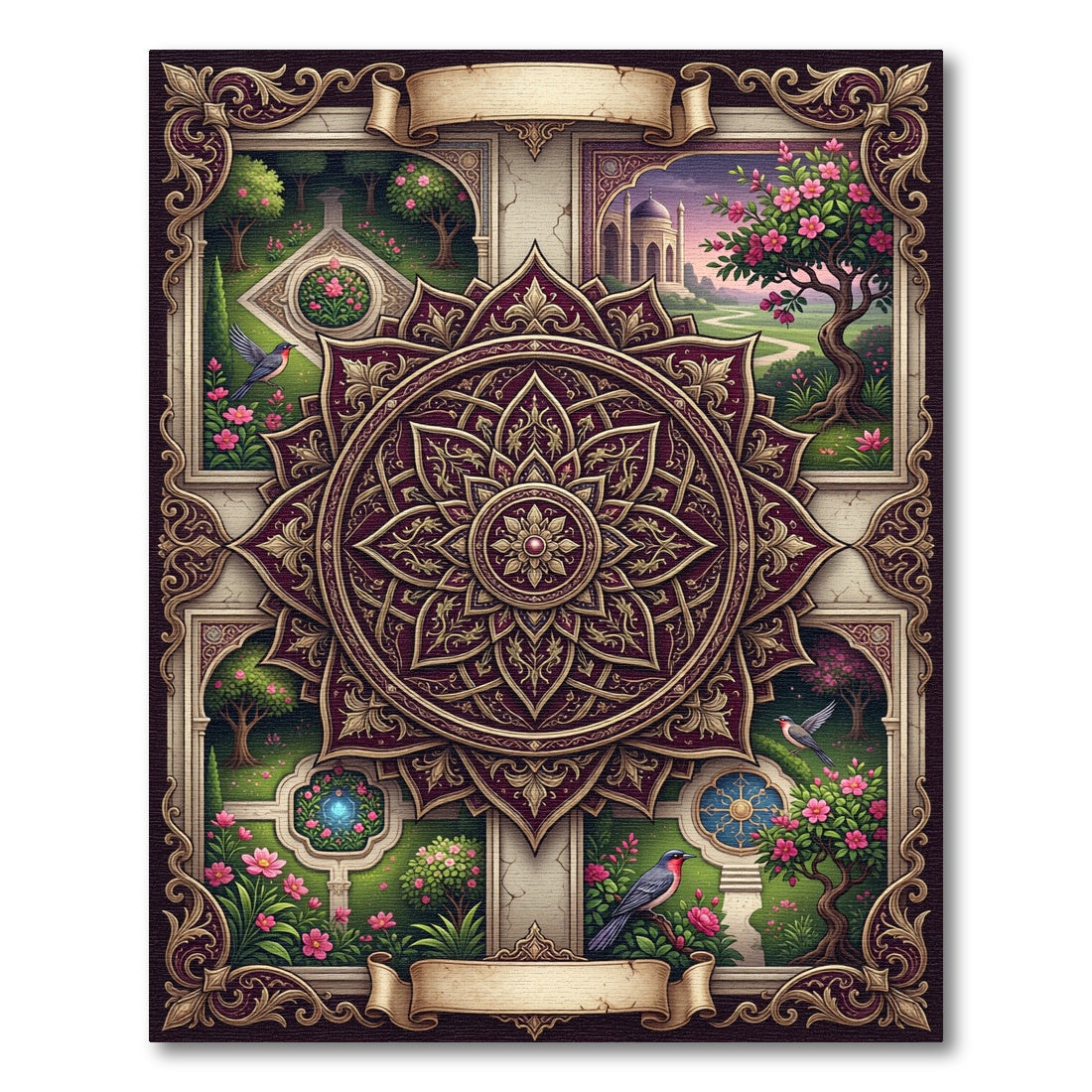 Ornate Burgundy Floral Mandala Garden Rug
