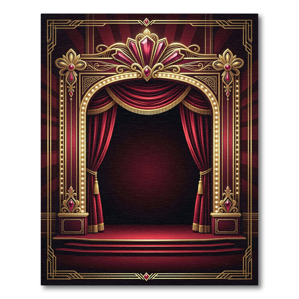 Grand Crimson Art Deco Stage Curtain Rug