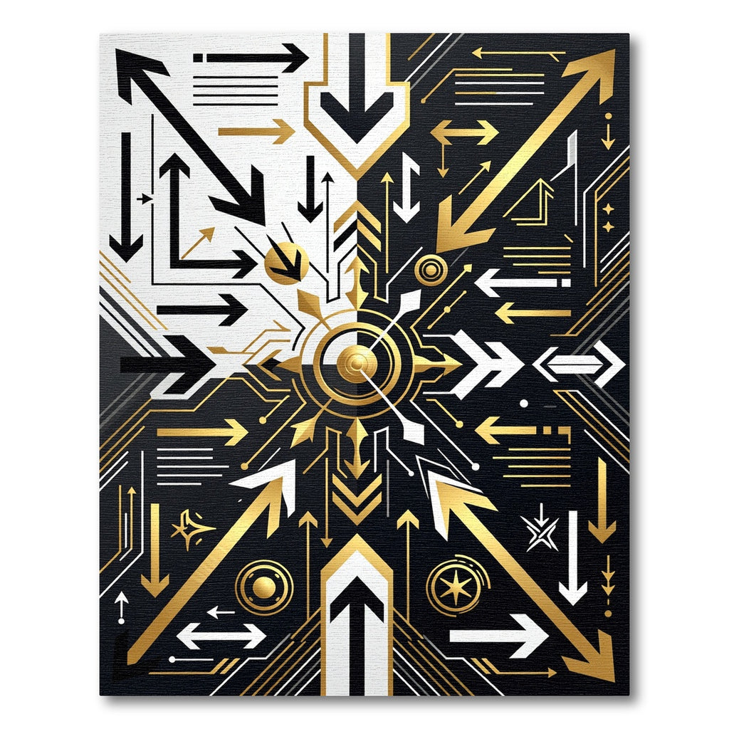 Monochrome Gold Abstract Geometric Arrow Composition Rug