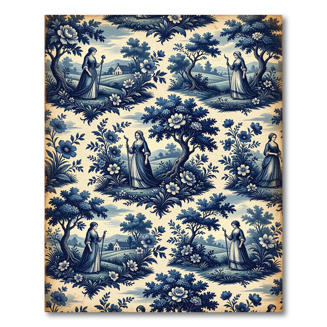 Blue White Pastoral Landscape Scene Rug