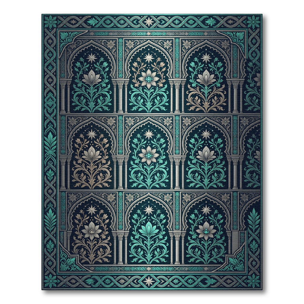 Intricate Teal Floral Archway Revival Rug