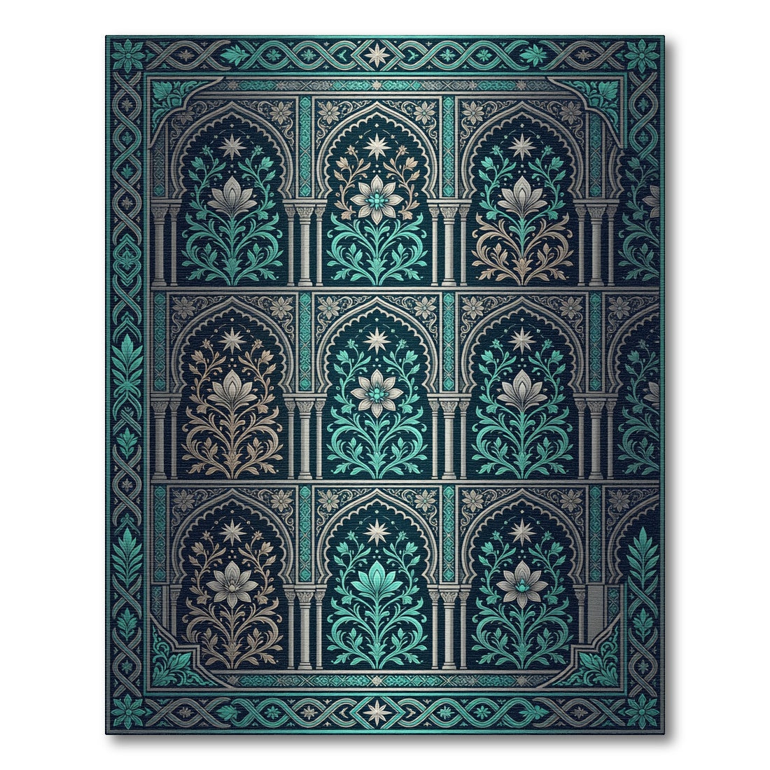 Intricate Teal Floral Archway Revival Rug