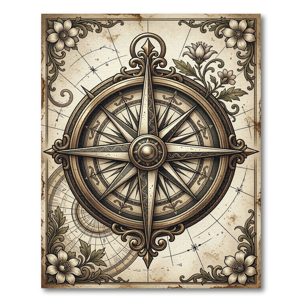 Vintage Bronze Compass Floral Map Rug