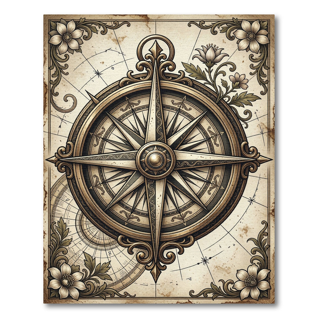Vintage Bronze Compass Floral Map Rug