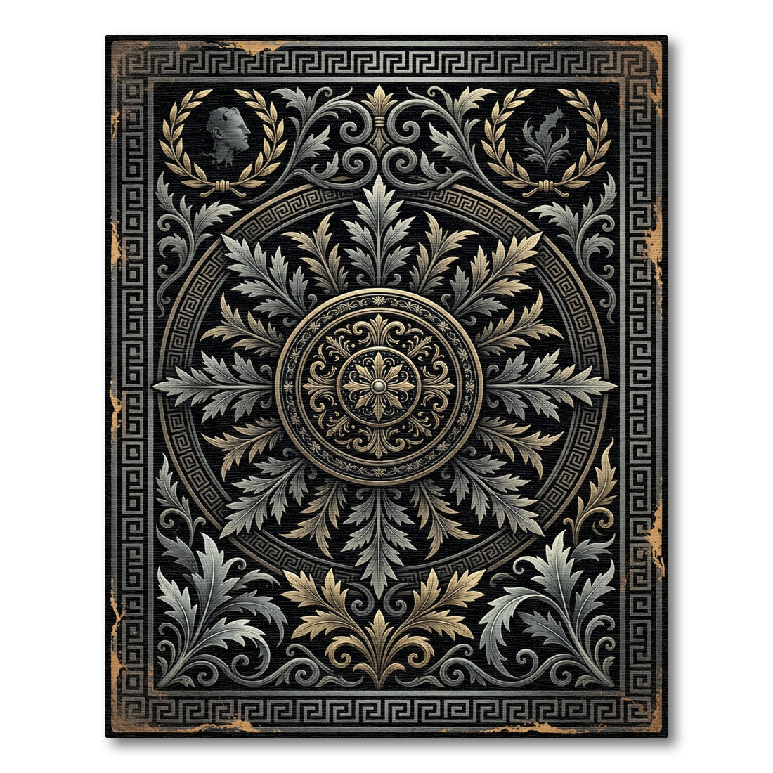 Neoclassical Gold and Silver Medallion Rug