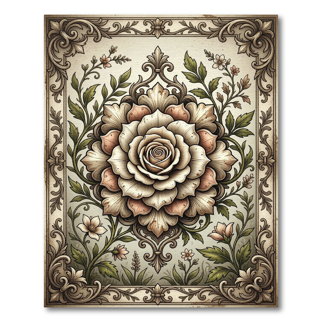 Vintage Neutral Floral Damask Medallion Rug