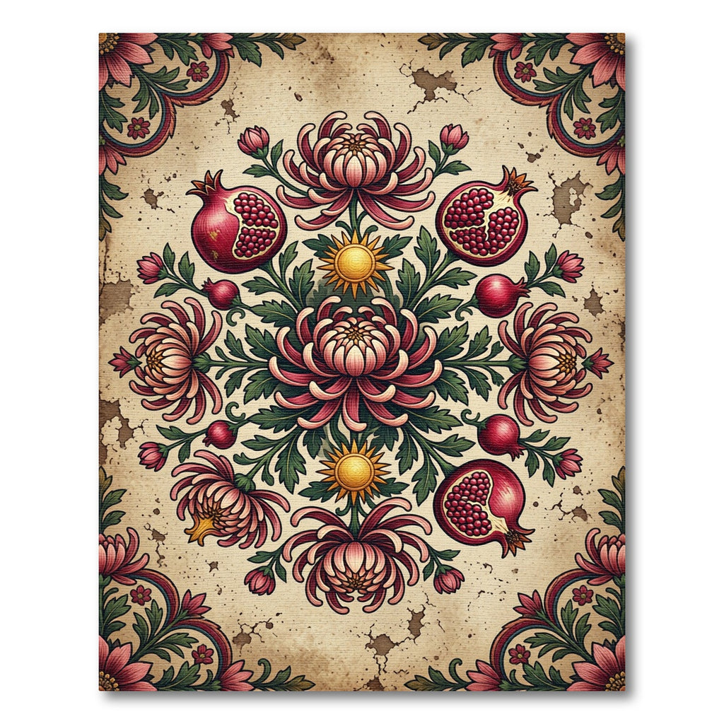 Vintage Pomegranate and Chrysanthemum Floral Medallion Rug