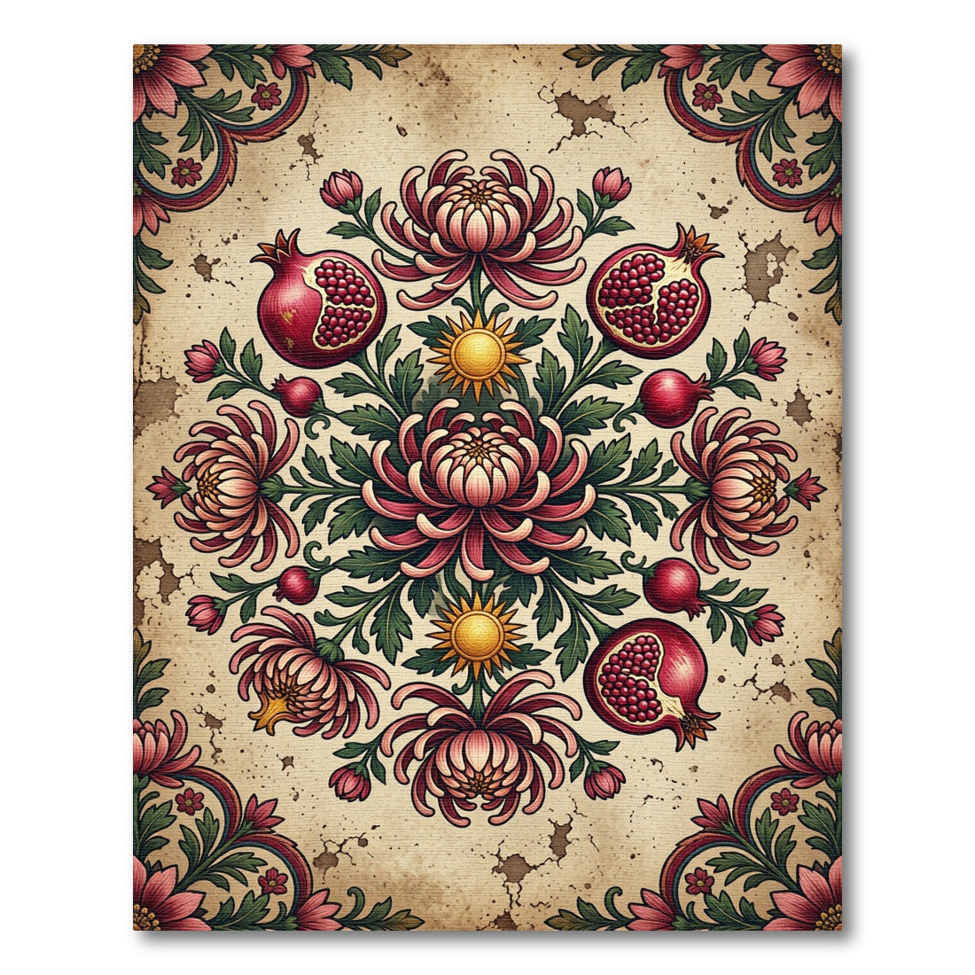 Vintage Pomegranate and Chrysanthemum Floral Medallion Rug