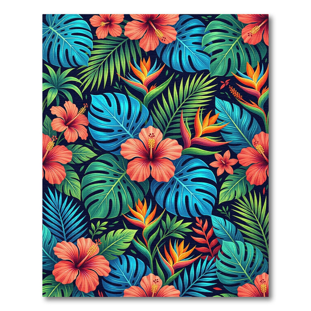 Vibrant Tropical Hibiscus and Monstera Leaves Rug