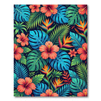Vibrant Tropical Hibiscus and Monstera Leaves Rug