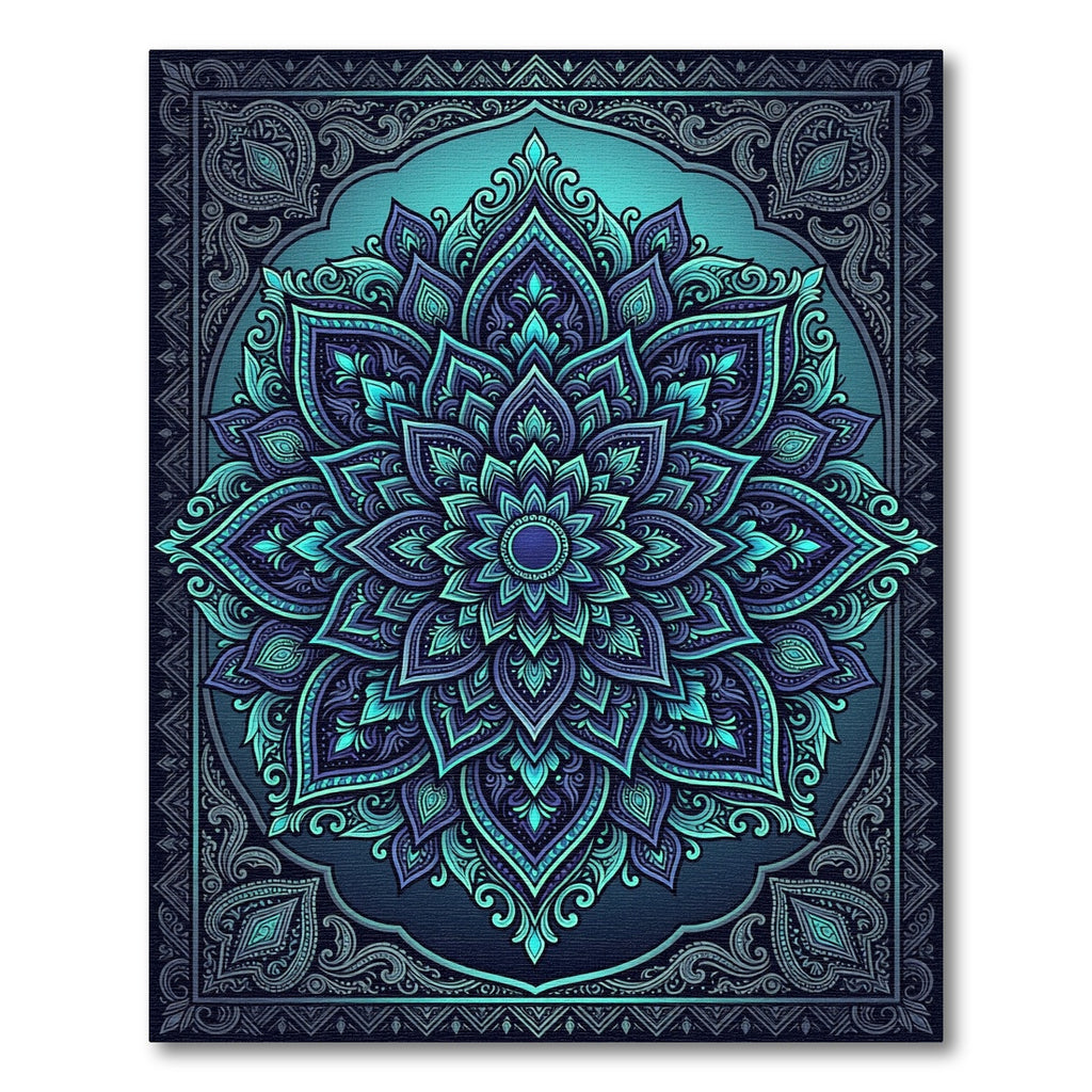 Radiant Teal Indigo Floral Mandala Rug