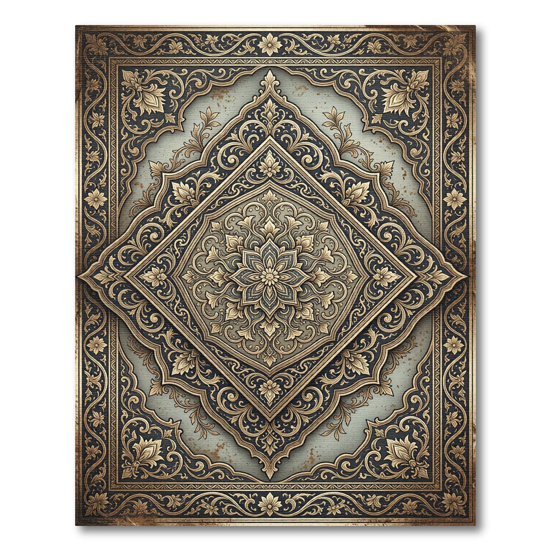 Ornate Gold Navy Filigree Medallion Rug