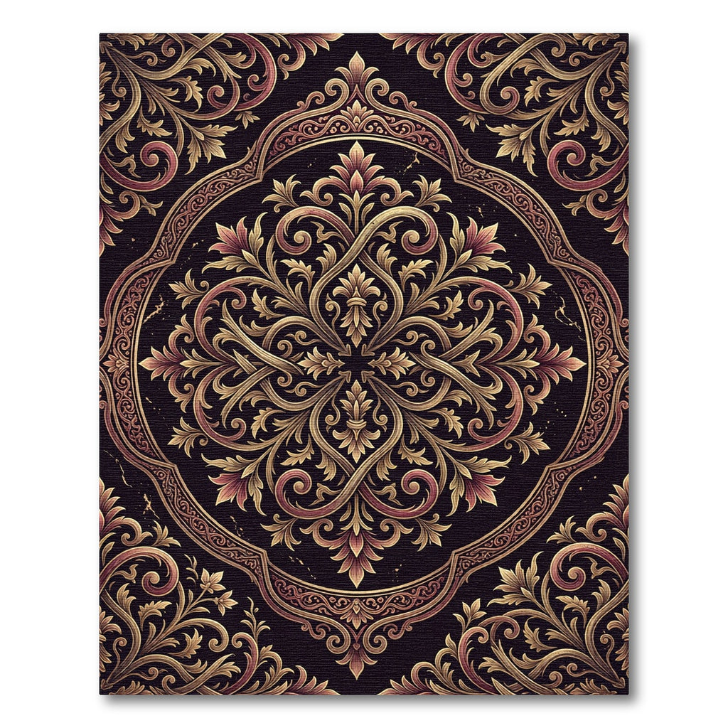 Gold Filigree Damask Dark Floral Medallion Rug
