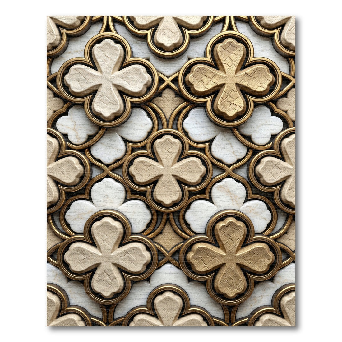 Gold Marble Quatrefoil Geometric Interlocking Rug