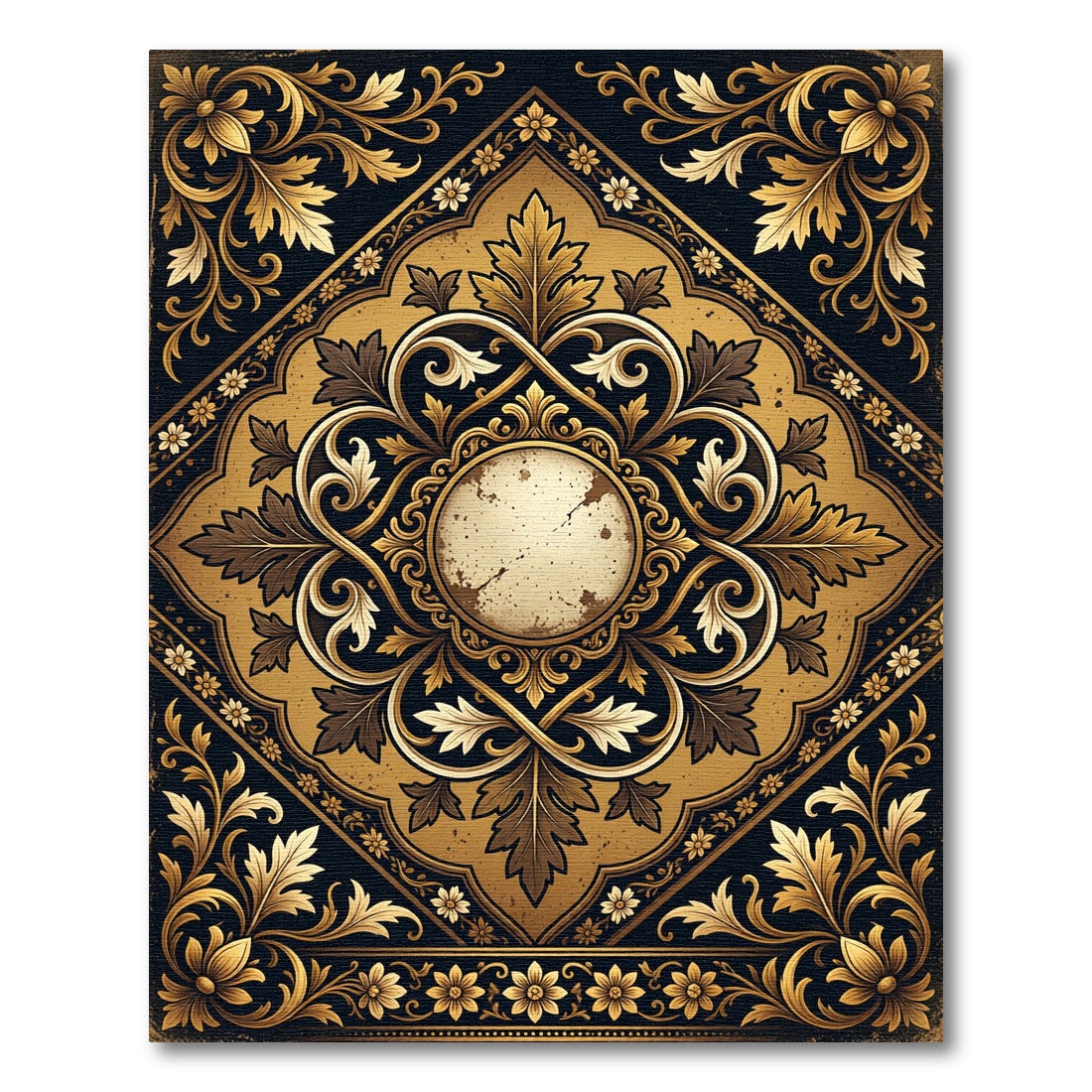 Ornate Golden Floral Filigree Medallion Rug