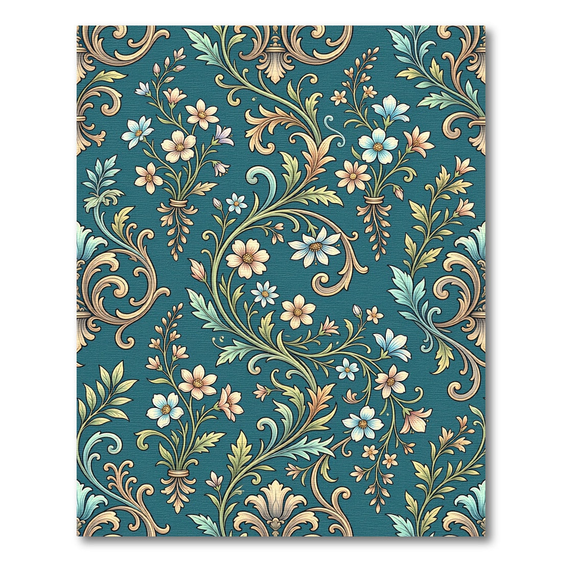Elegant Teal Floral Scroll Damask Rug