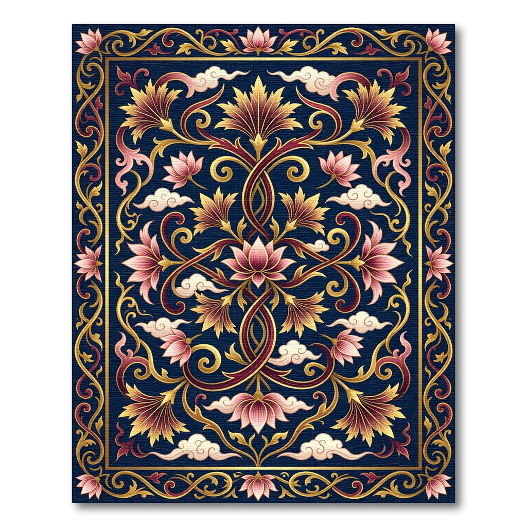 Midnight Gold Lotus Floral Flourish Rug