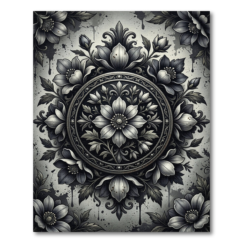 Monochromatic Vintage Floral Medallion Rug
