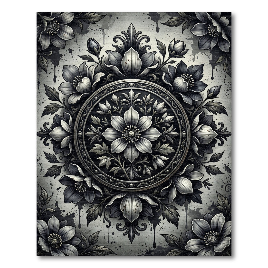 Monochromatic Vintage Floral Medallion Rug