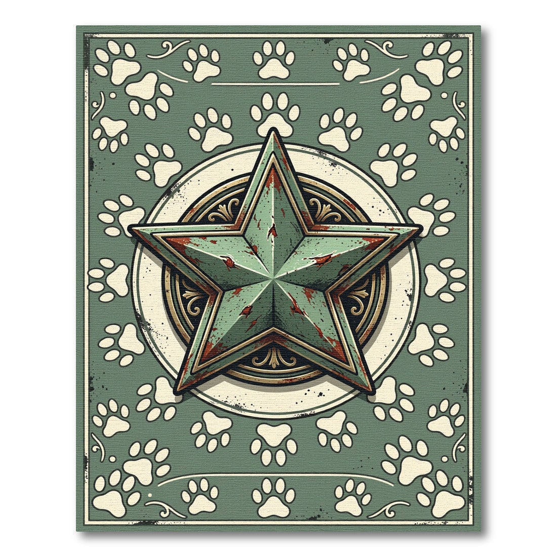 Distressed Sage Green Star Paw Emblem Rug