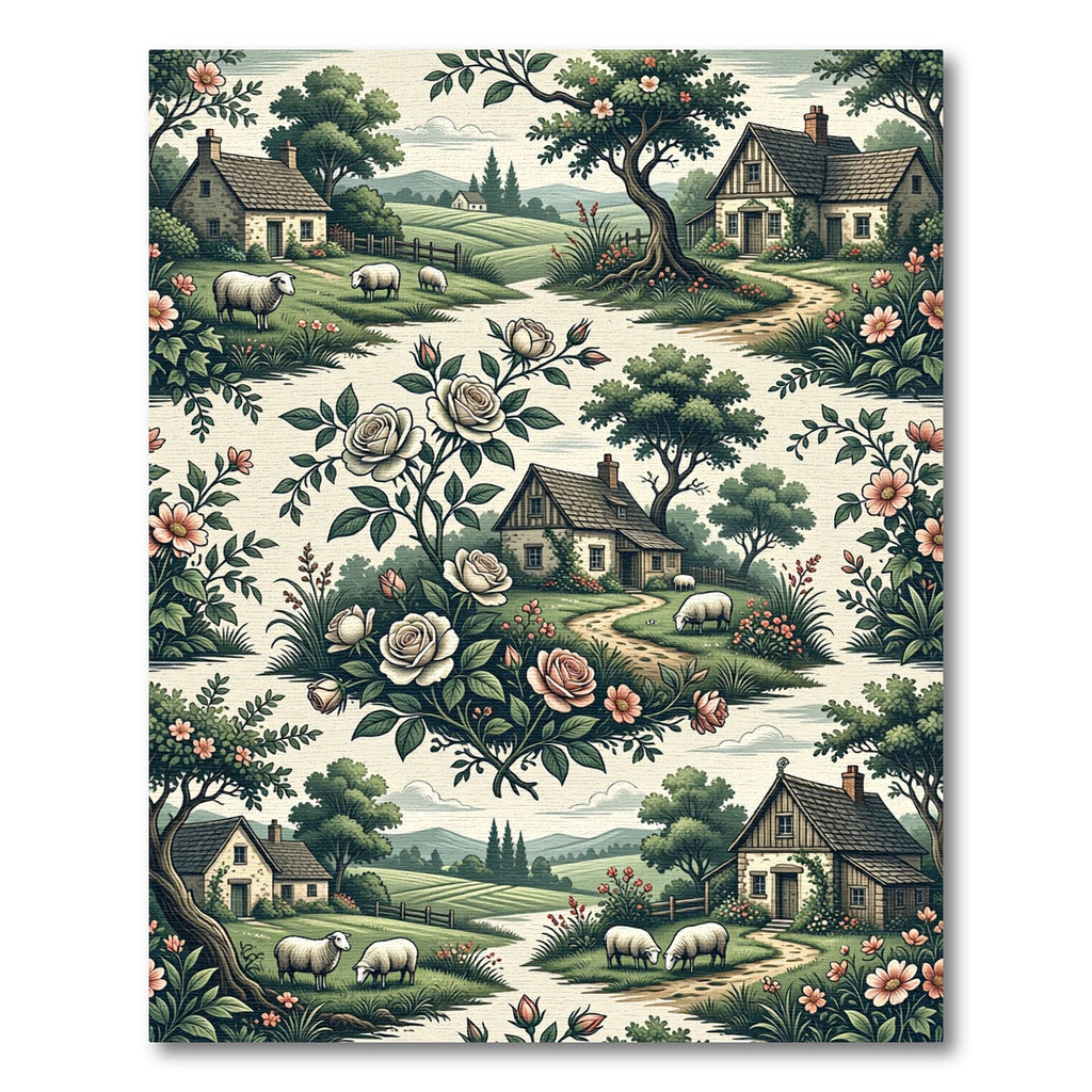 Pastoral Rose Cottage Landscape Scene Rug