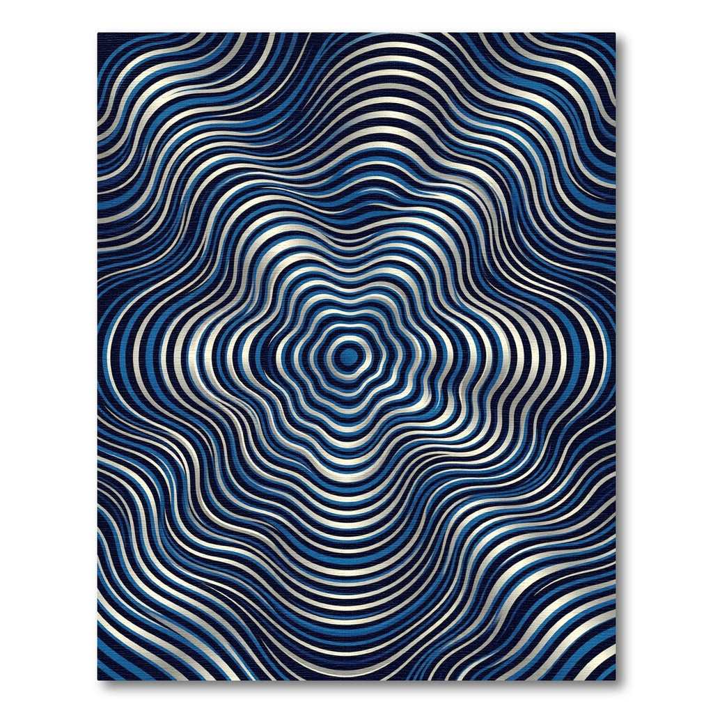 Modern Blue Metallic Concentric Wave Rug