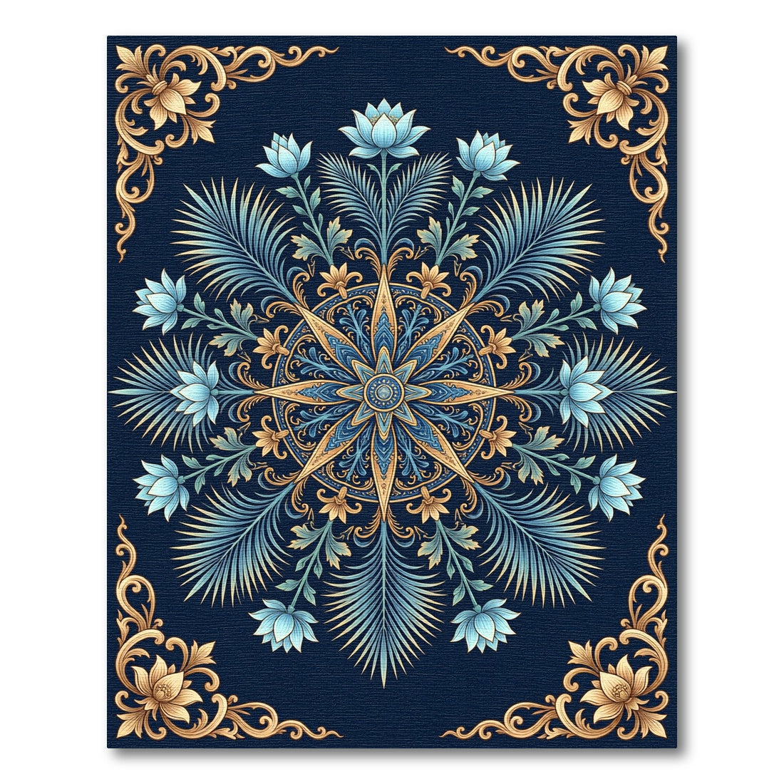 Navy Gold Blue Floral Medallion Rug