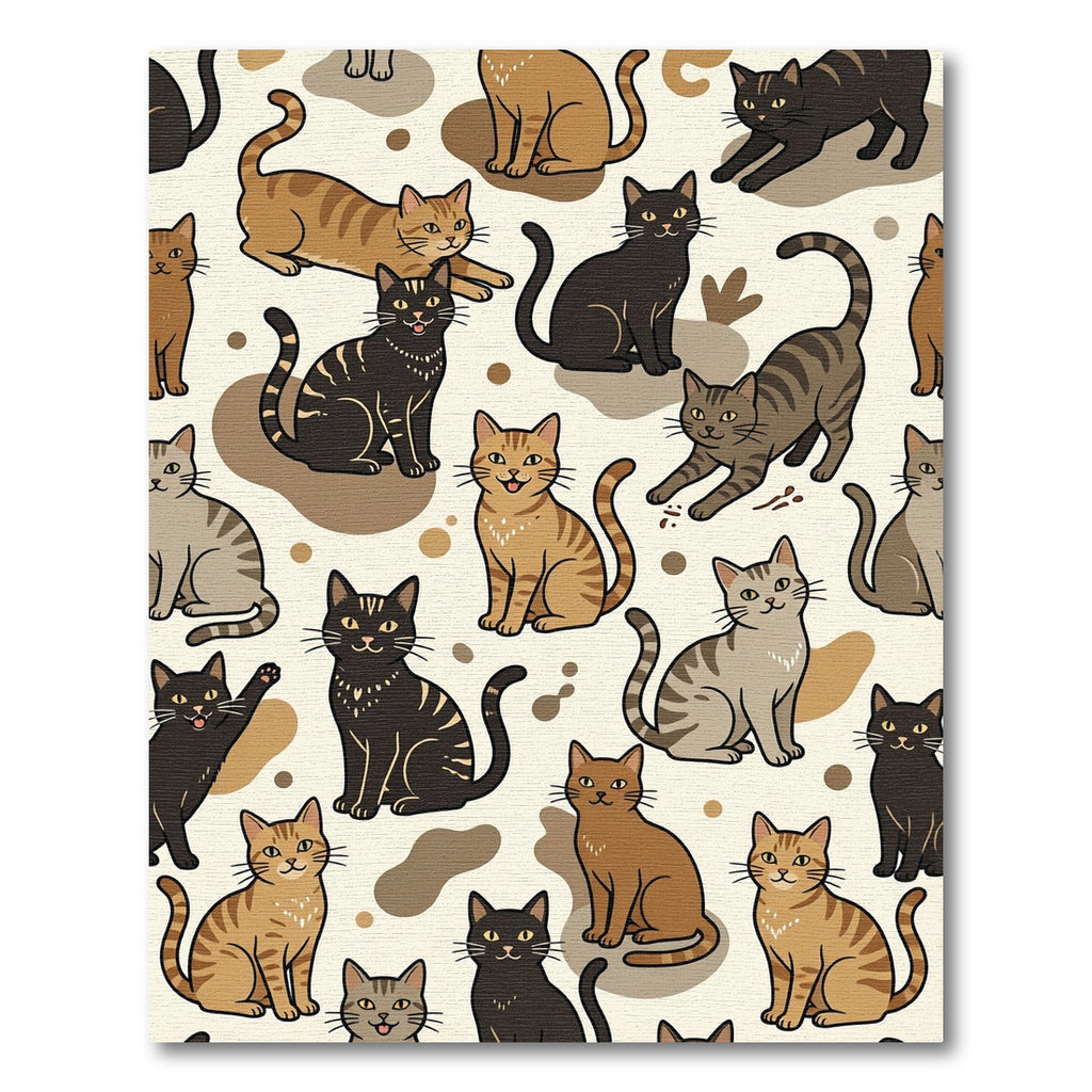 Whimsical Brown Tonal Feline Illustration Rug