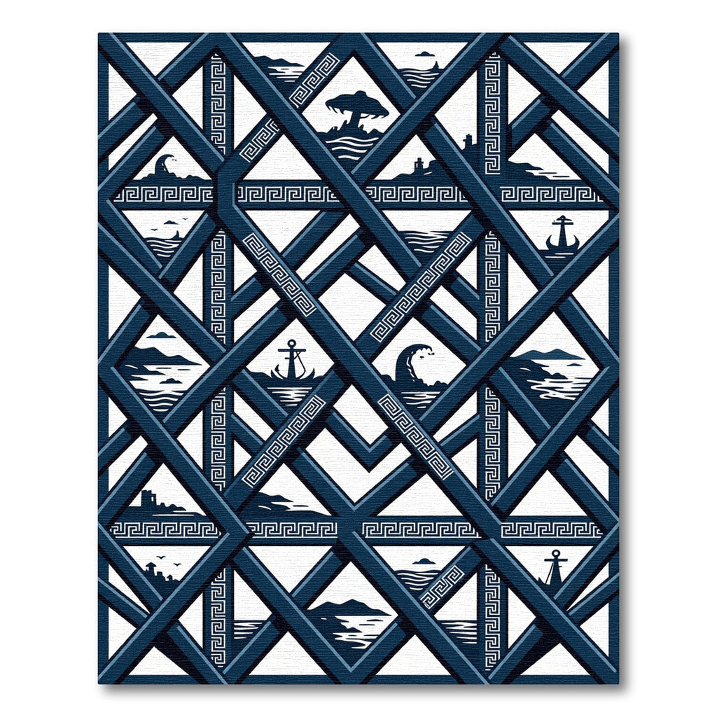 Navy Nautical Greek Key Geometric Grid Rug