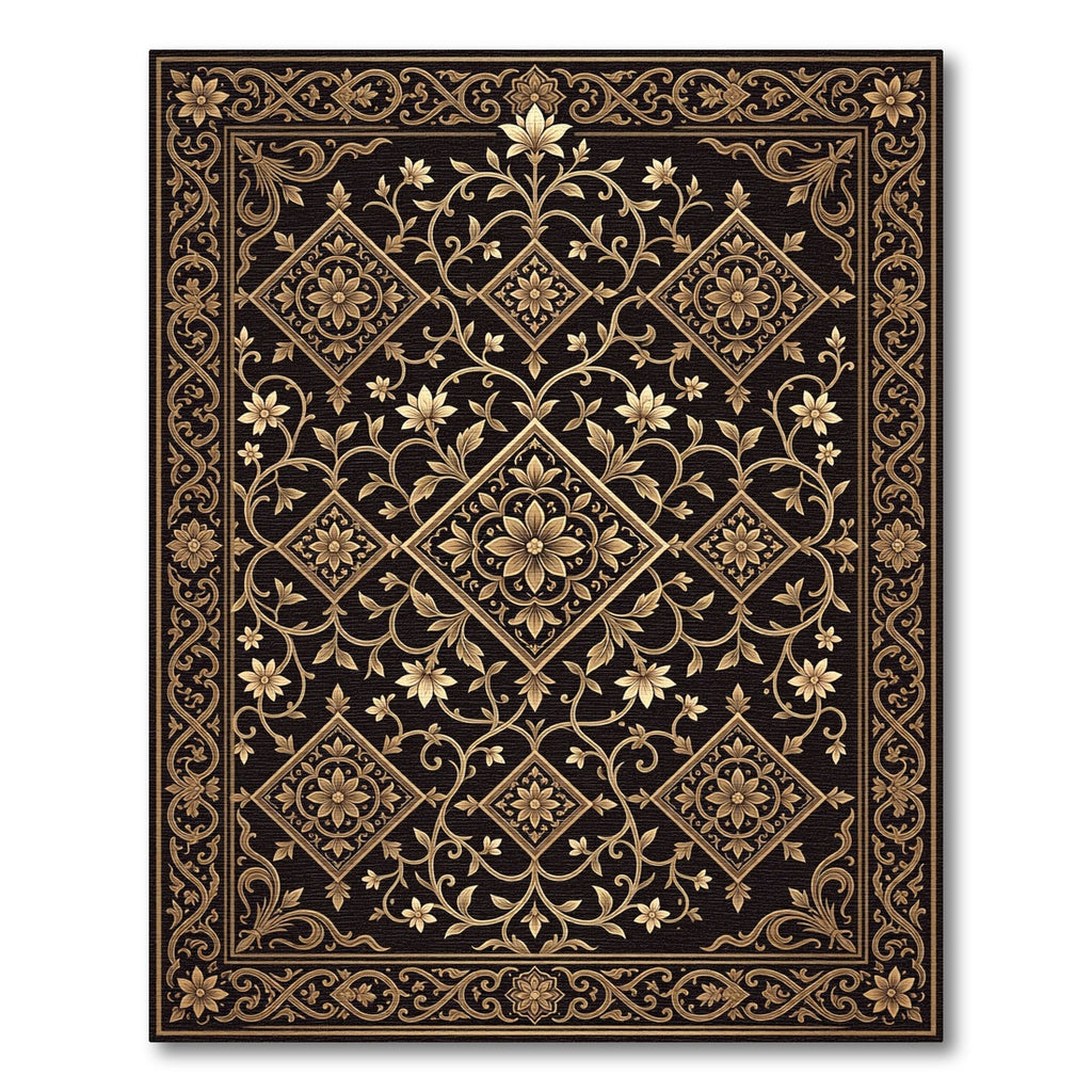 Ornate Golden Floral Arabesque Rug