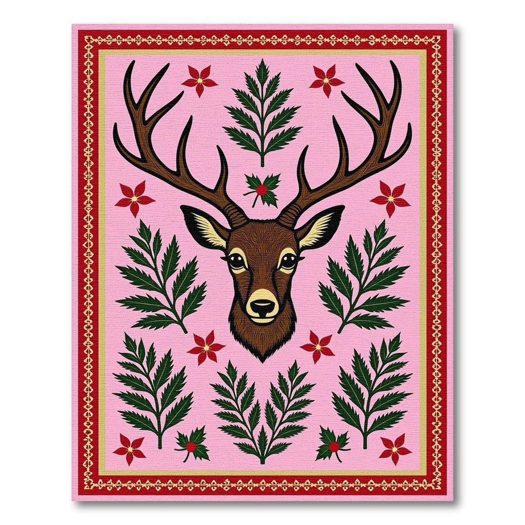 Pink Deer Floral Fern Border Rug